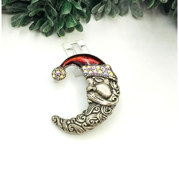 Christmas brooch santa head with red hat iridescent rhinestones by TC - Picture 2 of 4